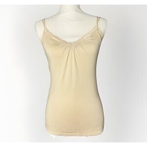 VTG Express Y2K Strap Cami Tank Top SM‎ Lace Trim Bella Boho Cream Gold Sparkle